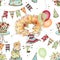 Seamless pattern with cute girl with balloons and birthday gifts. Watercolors and graphics in Doodle style. Vector