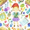 Seamless pattern with cute girl pupil gnome and school objects on white
