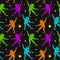 Seamless pattern cute green frog dancing among the stars.