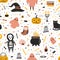 Seamless pattern with cute Halloween creatures and items on white background - Jack-o`-lantern, candies, black cat