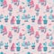Seamless pattern with Cute hand drawn cats in different poses with plant pots. Vector flat doodle Scandinavian cartoon character.