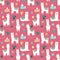 Seamless pattern of cute hand-drawn white llamas or alpacas, cacti, mountains, sun, garlands on a pink background. Illustration fo