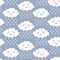 Seamless pattern with cute happy cartoon kawaii cloud on blue backdrop with rain drops. Dreaming cloud vector background