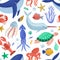 Seamless pattern with cute happy marine animals living in ocean. Backdrop with underwater fauna or sea world creatures