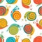 Seamless pattern with cute happy snails