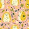Seamless pattern with a cute hedgehog among the leaves, cones, berries, flowers and mushrooms