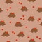 Seamless pattern: cute hedgehogs with hearts and apples on a beige background.