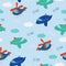 Seamless pattern of cute helicopter, airplane, cloud and text Fly High.