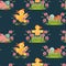 Seamless pattern with cute hens and roosters. Endless background with colored easter eggs hidden in grass. Baby texture design.