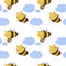 Seamless pattern cute Honey Bee illustration flying in sky with clouds. White background.