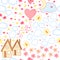 Seamless pattern with cute house, balloon, butterfly, clouds, moon, ladybug, stars,