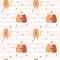 Seamless pattern with cute hugging cats and a cat holding a heart in its paws. Textured striped background with rainbow,hearts.For