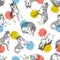 Seamless pattern with cute husky and colorful circles. Vector animal background. Funny design for kids .