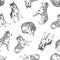 Seamless pattern with cute husky. Vector illustrated animal background. Monochrome print design with dogs.