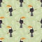 Seamless pattern with cute jungle parrot toucan on green