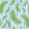 Seamless pattern with cute juniper branch and blue stripes. Drawn in watercolor on paper. For prints, textiles, napkins, labels,