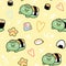 Seamless pattern of cute kappa with sushion yellow background.Animal character design.Japanese