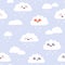 Seamless pattern with cute kawaii clouds. Simple cloud happy characters with snowflakes on purple background. Vector seamless