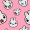 Seamless pattern with cute kawaii emoji rabbits vector cartoon illustration
