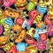 Seamless pattern with cute kawaii fast food meal.