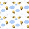 Seamless pattern Cute Kawaii Honey Bee flying in the sky