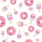 Seamless pattern. cute kawaii styled ice cream and pink glazed donuts.