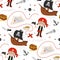 Seamless pattern with cute kid girl pirate. Cartoon child holding flag. Treasure hunt texture background. Different pirates