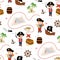 Seamless pattern with cute kids pirates. Cartoon children with sword and old map. Treasure hunt texture background. Different