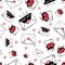 Seamless pattern with cute kissed envelope, love letters mails with red heart on white background