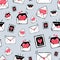 Seamless pattern with cute kissed envelope, stamps, love letters mails with red heart on blue background.