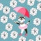 Seamless pattern with cute kitty, pink umbrella and delphinium flowers on blue background. Print for fabric, wallpaper