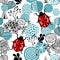 Seamless pattern with cute ladybirds and design elements in scandinavian style.