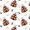 Seamless pattern, cute ladybugs with flowers and leaves ornament, brown and beige colors. Textile, print, decor for children