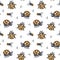 Seamless pattern, cute ladybugs and small flowers, blue-brown colors. Children\\\'s print, textile, kids bedroom decor