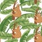 Seamless pattern with cute lazy sloths and exotic palm banana leaf.