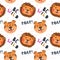 Seamless pattern with cute lion and tiger and slogan ROAR, BE WILD. Children`s hand-drawn illustration. Ideal for decorating packa