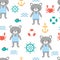 Seamless pattern with cute little bear sailor. Marine children background with fish, crab and anchor. Sea, ocean