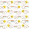Seamless pattern with cute little clouds with rainbows and sun - kawaii background for kids textile design