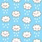 Seamless pattern with cute little clouds with raindrops - kawaii sky background for kids textile design