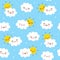 Seamless pattern with cute little clouds with sun on blue sky - kawaii background for kids textile design