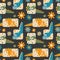 Seamless pattern with a cute little dino hatching from the eggs with polka dot eggshell kids dark background for covers, wrapping