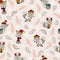 Seamless pattern of cute little foxes with dry twigs and leaf