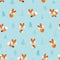 Seamless pattern with cute little foxes in spruce xmas trees on baby blue background