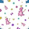 Seamless pattern with cute little girl dinosaur. Princess. Children's illustration, seamless pattern.