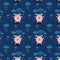 seamless pattern cute little pink pig stands and rejoices in the rain on a blue background