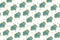Seamless pattern of cute little Stegosaurus dinosaurs standing and smiling, monstera leaves and colorful circles on a white backgr
