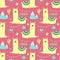 Seamless pattern of cute llamas, alpacas with yellow wool, mountains, cacti on a bright pink background. Image for children, room,