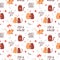 Seamless pattern with cute lovers hugging cats and handwritten phrases. I meow you. Perfect for wrapping paper for Valentine`s Da