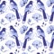 Seamless pattern, cute magpie birds and delicate lilac flowers Print, textile, wallpaper, decor for pastel linen