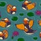 Seamless pattern with cute mandarin ducks and water lilies. Vector graphics